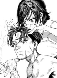 Rule 34 | 1boy, 1girl, adam&#039;s apple, bare shoulders, black hair, breast press, breasts, cigarette, expressionless, facial hair, scar on face, golden kamuy, greyscale, head kiss, holding, hunched over, kimidake, large breasts, looking away, looking down, manly, messy hair, monochrome, ogata hyakunosuke, playing with hair, scar, scar on cheek, scar on face, shirt, topless male, short hair, simple background, sleeveless, smoke, smoking, sugimoto saichi, tank top, veins, white background