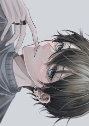 Rule 34 | 1boy, black hair, blue eyes, blush, closed mouth, commentary, ear piercing, earrings, finger to mouth, fingernails, grey background, hair between eyes, highres, jewelry, looking at viewer, male focus, multiple rings, original, piercing, portrait, ring, short hair, simple background, smile, solo, sosaku 25