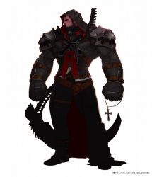 Rule 34 | 00s, 1boy, beard, belt, boots, cross, dnf, dungeon and fighter, facial hair, gloves, hood, male priest (dungeon and fighter), priest, red eyes, scar, scythe, weapon
