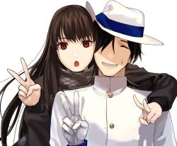 Rule 34 | 1boy, 1girl, :o, black shirt, brown hair, closed eyes, commentary request, fate/grand order, fate (series), gloves, grey scarf, hands up, hat, highres, jacket, long hair, long sleeves, oryou (fate), red eyes, sakamoto ryouma (fate), scarf, shirt, simple background, smile, v, white background, white gloves, white hat, white jacket, zonotaida