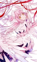 Rule 34 | 1girl, angel wings, arms up, ayumaru (art of life), blush, choker, closed mouth, dress, feathered wings, feathers, frilled dress, frills, gloves, hair ribbon, happy, head tilt, highres, kaname madoka, light particles, long dress, long hair, looking at viewer, mahou shoujo madoka magica, mahou shoujo madoka magica (anime), pink dress, pink hair, pink theme, ribbon, simple background, smile, solo, sparkle, streamers, two side up, ultimate madoka, very long hair, white background, white choker, white gloves, white neckwear, white ribbon, wide sleeves, wings, yellow eyes