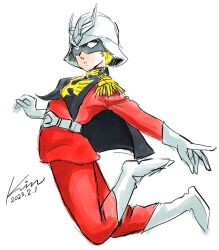 Rule 34 | 1boy, 2023, bare shoulders, belt, boots, char aznable, dated, full body, gloves, gundam, helmet, highres, jacket, kobakin, long sleeves, looking at viewer, male focus, mask, mobile suit gundam, open clothes, pants, red jacket, red pants, shirt, signature, simple background, solo, white background, white footwear, white gloves, white shirt