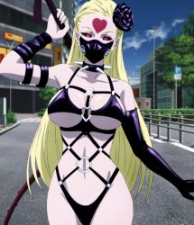 Rule 34 | 1girl, bare shoulders, bdsm, black sclera, blonde hair, bondage outfit, breasts, cleavage, collar, colored sclera, facial mark, flower, forehead mark, gloves, hair ornament, harness, heart, heart o-ring, heart ring top, highres, kaijin hime do-s, large breasts, long hair, mask, navel, o-ring, one-punch man, red eyes, revealing clothes, screencap, solo, spiked collar, spikes, stitched, third-party edit, underboob, whip
