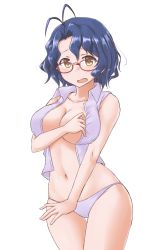 Rule 34 | 1girl, aimobake, antenna hair, bespectacled, blue hair, blush, breasts, brown eyes, cleavage, collared shirt, covering privates, covering breasts, cowboy shot, frown, glasses, highres, idolmaster, idolmaster million live!, large breasts, looking at viewer, navel, no pants, open clothes, open mouth, open shirt, panties, purple panties, purple shirt, red-framed eyewear, shirt, short hair, simple background, skindentation, solo, standing, thigh gap, toyokawa fuka, underwear, white background