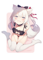 Rule 34 | 1girl, animal ear fluff, animal ears, azur lane, bell, between legs, black bra, black panties, blue eyes, blush, bow, bra, breasts, cat cutout, cat ears, cat lingerie, choker, closed mouth, clothing cutout, eyelashes, frilled bra, frills, from above, hair between eyes, hair bow, hair ribbon, hairband, half-closed eyes, hammann (azur lane), hand between legs, highres, jingle bell, long hair, looking at viewer, looking up, meme attire, navel, neck bell, one side up, panties, pokachu, red ribbon, ribbon, sitting, small breasts, solo, sweat, thighhighs, underwear, underwear only, very long hair, white hair, white thighhighs