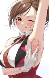 Rule 34 | 1girl, arm up, armpits, blush, braid, breasts, brown hair, gloves, hand up, highres, hyodo rena, idolmaster, idolmaster cinderella girls, idolmaster cinderella girls starlight stage, jacket, large breasts, looking at viewer, necktie, one eye closed, presenting armpit, red jacket, red necktie, shirt, short hair, simple background, sleeveless, sleeveless jacket, sleeveless shirt, smile, solo, tarou (komekueyo), tongue, tongue out, upper body, white background, white gloves, white shirt, yellow eyes