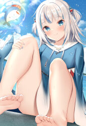 Rule 34 | 1girl, animal hood, barefoot, bloop (gawr gura), blue eyes, blue hair, blue hood, blue hoodie, blue nails, blue sky, blush, breasts, cloud, feet, fins, fish tail, gawr gura, gawr gura (1st costume), grey hair, hair ornament, highres, hololive, hololive english, hood, hoodie, knees up, legs, lokyin house, looking at viewer, medium hair, nail polish, shark girl, shark hair ornament, shark hood, shark tail, sky, small breasts, smile, soles, solo, tail, toes, tongue, tongue out, two side up, virtual youtuber