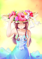 Rule 34 | 1girl, brown eyes, brown hair, dress, flower, hand on headwear, hat, hibiscus, long hair, moupii (hitsuji no ki), original, solo, tomoko (mousoup)