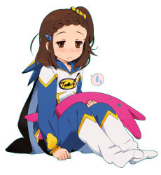 Rule 34 | 1girl, bad id, bad pixiv id, braid, braided bangs, brown eyes, brown hair, cape, cosplay, frown, glowing, hair ornament, hairclip, highres, kaburagi kaede, messy hair, one side up, oversized clothes, pajamas, scrunchie, short hair, side ponytail, sitting, solo, stuffed animal, stuffed rabbit, stuffed toy, superhero costume, tiger &amp; bunny, umishima senbon, wild tiger, aged down
