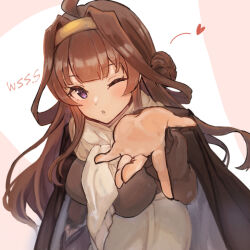 Rule 34 | 1girl, ahoge, artist name, black coat, blowing kiss, brown hair, coat, commentary request, double bun, gold hairband, hair bun, hairband, kantai collection, kongou (kancolle), long hair, looking at viewer, official alternate costume, one eye closed, scarf, solo, upper body, white scarf, wss (nicoseiga19993411)