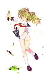 Rule 34 | 1girl, blonde hair, blue sailor collar, bow, bow panties, boxcutter, collared shirt, commentary request, eyelashes, gwayo, hairband, highres, holding, holding boxcutter, holding stuffed toy, kneehighs, knees, looking at viewer, navel, neckerchief, object request, open mouth, paint splatter, panties, pig hair ornament, purple bow, purple footwear, purple hairband, red neckerchief, sailor collar, sailor shirt, sheri, shirt, shoes, short hair, short twintails, simple background, smile, socks, soul, stomach, stuffed animal, stuffed dog, stuffed toy, teeth, twintails, underwear, unlight, upper teeth only, uwabaki, wavy hair, white background, white panties, white socks, yellow eyes
