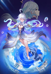 Rule 34 | 2girls, absurdres, bare legs, barefoot, blue hair, closed eyes, closed mouth, clothing cutout, cowlick, dancing, dress, furina (genshin impact), genshin impact, god hunter, gradient dress, highres, light blue hair, long dress, long hair, long sleeves, multiple girls, reflection, reflective water, thighs, toes