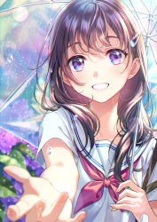 Rule 34 | 1girl, :d, blue eyes, blush, brown hair, collarbone, commentary request, day, flower, grin, hair ornament, hairclip, highres, holding, holding umbrella, hydrangea, long hair, looking at viewer, morikura en, neckerchief, open mouth, original, outdoors, outstretched arm, rain, red neckerchief, sailor collar, school uniform, serafuku, shirt, short sleeves, smile, solo, sunlight, teeth, transparent, transparent umbrella, umbrella, water, water drop, white sailor collar, white shirt