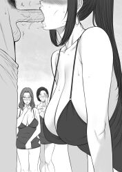 Rule 34 | 1boy, 3girls, absurdres, bare shoulders, blush, breasts, clothing cutout, collarbone, commentary, dress, earrings, erection, fellatio, from side, glasses, greyscale, hand on own face, hetero, highres, jewelry, large breasts, long hair, male pubic hair, mature female, mole, mole under mouth, monochrome, multiple girls, nush (xter), open mouth, oral, original, penis, ponytail, pubic hair, short dress, short hair, sidelocks, standing, strap gap, sweat, symbol-only commentary, testicles, xter