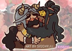 Rule 34 | 2boys, bara, beard, belly, blush, chibi, closed eyes, crossover, dark skin, dungeon meshi, dwarf, facial hair, fake horns, french kiss, from side, hades (series), hades 2, heart, heart background, helmet, hephaestus (hades), horned helmet, horns, kiss, long beard, long hair, male focus, meme, multiple boys, muppet mouth characters making out (meme), mustache, reference inset, second-party source, senshi (dungeon meshi), siggykuu, thick mustache, trait connection, u u, very dark skin, very long beard, very long hair, watermark, yaoi