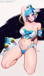 Rule 34 | 1girl, arm behind head, arm up, artist name, ball, bare shoulders, bird, blue panties, blush, breasts, cleavage, detached sleeves, gloves, green hair, hair bun, highres, large breasts, league of legends, lingerie, looking at viewer, merellyne, navel, orianna (league of legends), panties, shiny skin, short hair, single hair bun, solo, space, star guardian (league of legends), star guardian orianna, stomach, teeth, underwear, watermark, web address, white background, white gloves