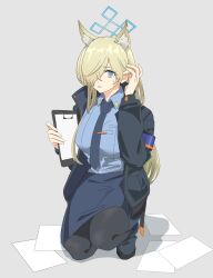 Rule 34 | 1girl, absurdres, adjusting hair, animal ear fluff, animal ears, black jacket, blonde hair, blue archive, blue eyes, blue necktie, blue shirt, breasts, clipboard, collared shirt, commentary request, dropped object, extra ears, fox ears, full body, grey background, hair between eyes, hair over one eye, halo, highres, holding, holding clipboard, jacket, kanna (blue archive), kneeling, large breasts, long hair, long sleeves, looking at viewer, necktie, open clothes, open jacket, pantyhose, parted lips, pencil skirt, shadow, shirt, simple background, skirt, solo, soutou nagi, sweatdrop, uniform, very long hair
