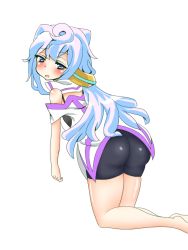 Rule 34 | 10s, 1boy, artist request, ass, bare shoulders, bike shorts, blue eyes, blue hair, blush, from behind, hacka doll, hacka doll 3, huge ass, kneeling, leaning, leaning forward, long hair, looking at viewer, looking back, male focus, matching hair/eyes, open mouth, shiny clothes, shiny skin, solo, trap