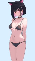 Rule 34 | 1girl, alternate costume, animal ears, arms behind back, bikini, black bikini, black choker, black hair, blue archive, blue background, blunt ends, blush, breasts, cat ears, choker, cleavage, collarbone, colored inner hair, extra ears, feet out of frame, groin, highres, kazusa (blue archive), looking at viewer, medium breasts, multicolored hair, navel, pink hair, ryouta (ryouta335), short hair, sideways glance, simple background, solo, stomach, string bikini, swimsuit, two-tone hair