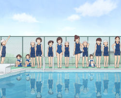 Rule 34 | 6+girls, brown hair, child, kiyo (kyokyo1220), multiple girls, one-piece swimsuit, outdoors, pool, poolside, school swimsuit, standing, swimsuit, water