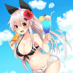 Rule 34 | 1girl, :d, bad id, bad twitter id, bare arms, bare shoulders, bendy straw, bikini, bikini under clothes, black bikini, blue sky, blush, breasts, butterfly hair ornament, cleavage, cloud, collarbone, cup, day, drink, drinking glass, drinking straw, etna (kuzuyu), flower, food, fruit, groin, hair between eyes, hair flower, hair ornament, hibiscus, holding, holding cup, holding food, ice, ice cream, ice cream float, ice cube, komori kuzuyu, large breasts, leaning forward, lemon, lemon slice, long hair, navel, open clothes, open fly, open mouth, open shorts, original, outdoors, popsicle, red eyes, red flower, short shorts, shorts, silver hair, sky, smile, solo, swimsuit, very long hair, white shorts