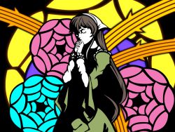 Rule 34 | 00s, dress, closed eyes, flower, highres, long hair, non-web source, rose, rozen maiden, solo, stained glass, suiseiseki, vector trace, wallpaper