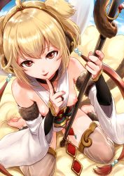 Rule 34 | 10s, 1girl, :p, andira (granblue fantasy), animal ears, bare shoulders, barefoot, blonde hair, blush, breasts, breasts out, brown eyes, detached sleeves, erune, finger to mouth, granblue fantasy, hairband, highres, index finger raised, looking at viewer, monkey ears, monkey tail, nipples, reco (fortunequest), short hair, sitting, small breasts, smile, solo, staff, tail, tongue, tongue out, wariza
