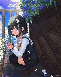 Rule 34 | 1girl, absurdres, black hair, black skirt, black thighhighs, blue eyes, blue sky, blush, brown footwear, rabbit hair ornament, closed mouth, cloud, collarbone, commentary request, dated, day, flower, glint, hair ornament, highres, hose, kimyo, loafers, long sleeves, looking at viewer, miniskirt, neckerchief, ocean, original, outdoors, petals, pinwheel, pleated skirt, sailor collar, school uniform, shoes, short hair, sidelocks, skirt, sky, smile, solo, squatting, sweater vest, thighhighs, water, wavy mouth, white flower, white sailor collar, zettai ryouiki
