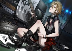 Rule 34 | 10s, 1girl, :p, \m/, amplifier, black footwear, boots, brown hair, cross-laced footwear, dutch angle, electric guitar, green eyes, guitar, headphones, headphones around neck, idolmaster, idolmaster cinderella girls, infukun, instrument, kimura natsuki, lace-up boots, marker, poster (medium), poster (object), short hair, shorts, smile, solo, speaker, tongue, tongue out