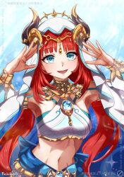 1girl :d aqua_eyes armpits artist_name blue_gemstone circlet commentary_request crop_top fake_horns gem genshin_impact gold_trim hands_up highres horns long_hair long_sleeves looking_at_viewer navel nilou_(genshin_impact) open_mouth parted_bangs partial_commentary puchikun puffy_long_sleeves puffy_sleeves red_hair smile solo upper_body veil very_long_hair white_veil