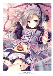 Rule 34 | 1girl, absurdres, bed, blue eyes, bonnet, breasts, cake, food, fork, frilled pillow, frills, garter belt, grey hair, hat, highres, lolita fashion, looking at viewer, lying, on back, petals, pillow, plate, purple thighhighs, ribbon, rose petals, single thighhigh, solo, tatekawa mako, thighhighs