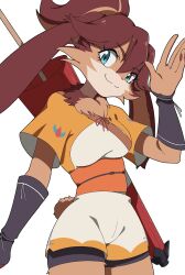 Rule 34 | 1girl, absurdres, blue eyes, body fur, brown fur, brown hair, female focus, fewer digits, furry, furry female, head tilt, highres, jewelry, looking at viewer, lop (star wars), ponytail, rabbit ears, rabbit tail, ring, sasaki sue, sash, short shorts, shorts, simple background, smile, solo, star wars, star wars: visions, waving, white background