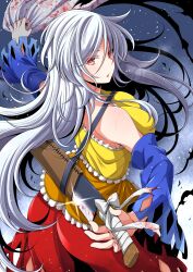 Rule 34 | 1girl, back, blood, blue sleeves, bow, breasts, cleaver, dress, eichi yuu, grey hair, highres, holding, holding knife, holding weapon, knife, large breasts, long hair, looking at viewer, looking back, multicolored clothes, multicolored dress, orange dress, parted lips, red dress, red eyes, sakata nemuno, single strap, solo, touhou, wavy hair, weapon, white bow, yellow dress