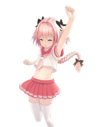 Rule 34 | 1boy, arm up, astolfo (fate), astolfo (sailor paladin) (fate), black bow, blush, bow, braid, chestnut mouth, clenched hands, closed eyes, collarbone, commentary, crop top, cropped legs, dot nose, fang, fate/apocrypha, fate/grand order, fate (series), hair between eyes, hair bow, hair intakes, hand up, long hair, male focus, miniskirt, multicolored hair, navel, neckerchief, official alternate costume, open mouth, outstretched arm, pink hair, pink neckerchief, pleated skirt, quuukiii, red sailor collar, red skirt, sailor collar, school uniform, serafuku, shirt, short sleeves, simple background, single braid, skirt, sleeve cuffs, solo, standing, stomach, streaked hair, stretching, thighhighs, trap, two-tone hair, very long hair, white background, white hair, white shirt, white thighhighs, zettai ryouiki