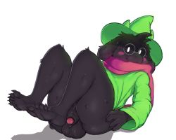 Rule 34 | 1boy, animal ears, black hair, blush stickers, bottomless, claws, deltarune, feet, flaccid, foreskin, furry, glasses, goat ears, hat, horns, large testicles, legs up, looking at viewer, lying, male focus, medium penis, mob face, on back, penis, precum, ralsei, robe, scarf, smile, testicles, thick thighs, thighs, toenails, transparent background, uncensored, white eyes, witch hat, zackary911