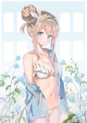 Rule 34 | 1girl, bare shoulders, bikini, blue eyes, blue flower, blue jacket, blurry, breasts, brown hair, cleavage, collarbone, cowboy shot, depth of field, earrings, flower, girls&#039; frontline, groin, hair bun, hair ornament, hairband, halterneck, highres, jacket, jewelry, large breasts, long hair, looking at viewer, navel, off shoulder, official alternate costume, open clothes, open jacket, parted lips, plant, sidelocks, single hair bun, solo, stomach, suomi (girls&#039; frontline), suomi (midsummer pixie) (girls&#039; frontline), swimsuit, teratsuki, thigh gap, thighs, white bikini