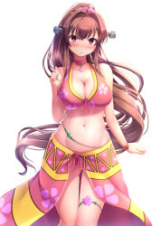Rule 34 | 10s, 1girl, absurdres, alternate costume, bikini, blush, breasts, brown hair, cleavage, flower, front-tie bikini top, front-tie top, hair flower, hair ornament, highres, kantai collection, large breasts, long hair, looking at viewer, navel, nicoby, parted lips, pink bikini, pink eyes, pink flower, ponytail, simple background, solo, standing, stomach, swimsuit, very long hair, white background, yamato (kancolle)