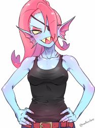 Rule 34 | 1girl, blue skin, blush, colored sclera, colored skin, eyepatch, fins, head fins, highres, long hair, looking at viewer, monster girl, noah (tettsui-sole), open mouth, ponytail, red hair, sharp teeth, shirt, simple background, smile, solo, tank top, teeth, undertale, undyne, white background, yellow sclera, yellow skin, yellow teeth