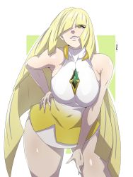 Rule 34 | 1girl, absurdres, bare shoulders, blonde hair, breasts, creatures (company), curvy, dress, female focus, game freak, green eyes, hair over one eye, hand on own hip, highres, large breasts, long hair, looking up, lusamine (pokemon), mature female, nintendo, no pants, ornament, pokemon, pokemon sm, sideboob, smile, solo, very long hair
