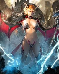 Rule 34 | 1girl, armor, bad id, bad pixiv id, bikini armor, blonde hair, breasts, demon girl, gloves, groin, horns, large breasts, lightning, md5 mismatch, navel, original, pauldrons, pointy ears, red eyes, short hair, shoulder armor, solo, take no ko (dodon), thighs, torn clothes, torn gloves