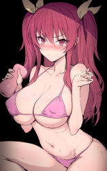 Rule 34 | 1girl, artificial vagina, bikini, black background, blush, breasts, covered erect nipples, dildo, hair between eyes, haoni, highres, holding, holding sex toy, huge breasts, long hair, looking at viewer, navel, pink bikini, rakudai kishi no cavalry, red eyes, red hair, sex toy, solo, stella vermillion, swewt, swimsuit, two side up