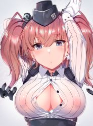 Rule 34 | 1girl, anchor, anchor hair ornament, arms up, atlanta (kancolle), blush, breasts, brown hair, cleavage, collared shirt, commentary request, earrings, fingerless gloves, garrison cap, gloves, grey eyes, hair ornament, hat, headgear, interstellar, jewelry, kantai collection, large breasts, long hair, long sleeves, looking at viewer, no bra, see-through, shirt, simple background, solo, star (symbol), star earrings, two side up, unbuttoned, unbuttoned shirt, upper body, white background, white shirt