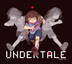 Rule 34 | androgynous, animated, animated gif, bandaid, bandaid on knee, bandaid on leg, blush, blush stickers, chara (undertale), child, closed eyes, commentary, copyright name, dual persona, frisk (undertale), gender request, grin, heart, heart necklace, hooded top, jewelry, knife, michiru (viridilly), necklace, parted lips, red eyes, running, shirt, shorts, smile, stick, striped clothes, striped shirt, undertale
