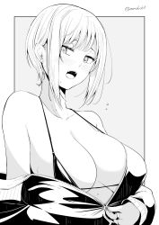 Rule 34 | 1girl, bikini, blush, breasts, collarbone, earrings, grey background, greyscale, highres, jewelry, kichihachi, large breasts, looking at viewer, monochrome, open mouth, original, ring, short hair, simple background, solo, sweat, swimsuit, teeth, twitter username, two-tone background, upper body, upper teeth only, white background, zipper