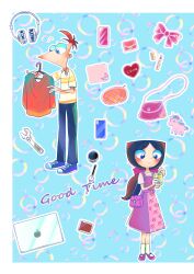 Rule 34 | 1boy, 1girl, absurdres, ajaj21bd, bag, blue eyes, bow, dress, english text, full body, hair bow, handbag, headphones, highres, isabella garcia-shapiro, phineas and ferb, phineas flynn, phone, ponytail, red hair, shirt, short sleeves, toon (style), wallet, watch, wrench