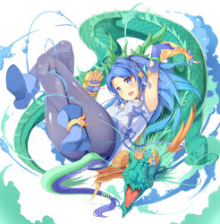 Rule 34 | 1girl, blue eyes, blue footwear, blue hair, boots, byte (allbyte), china dress, chinese clothes, dragon, dragon girl, dragon tail, dress, eastern dragon, elbow gloves, fins, gloves, head fins, highres, horns, karin (p&amp;d), long hair, open mouth, pantyhose, puzzle &amp; dragons, shizuka (deatennsi), tail
