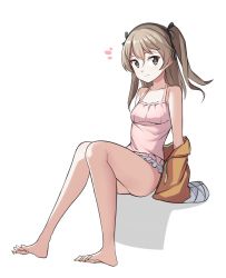 Rule 34 | 1girl, bare legs, bare shoulders, barefoot, black eyes, black ribbon, camisole, commentary, full body, girls und panzer, hair between eyes, hair ribbon, jacket, light brown hair, light smile, long hair, looking at viewer, no pants, orange jacket, pink camisole, ribbon, saiste, shimada arisu, simple background, solo, twintails, white background