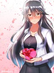 Rule 34 | 1girl, absurdres, anchor necklace, black hair, black shirt, blush, box, breasts, brown eyes, female focus, gift, gift box, hair ornament, hairclip, haruna (kancolle), heart-shaped box, highres, holding, holding box, holding gift, jacket, kantai collection, large breasts, long hair, long skirt, looking at viewer, necklace, roko roko (doradorazz), shirt, skirt, smile, solo, twitter username, valentine, white jacket