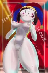 Rule 34 | 1girl, absurdres, areolae peeking, cleft of venus, completely nude, elpuer cotote, hat, highres, jester, jester cap, nipples, nude, pomni (the amazing digital circus), self-upload, shiny skin, the amazing digital circus, wide hips
