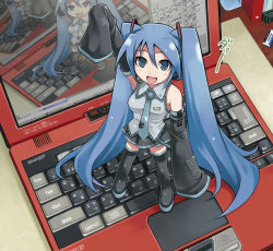 Rule 34 | 1girl, arm up, blue eyes, blue hair, blush, brand name imitation, chibi, computer, hatsune miku, keyboard (computer), laptop, long hair, maruto!, matching hair/eyes, mini person, minigirl, necktie, recursion, skirt, sleeves past wrists, smile, solo, standing, thighhighs, twintails, uniform, very long hair, vocaloid, vocaloid2